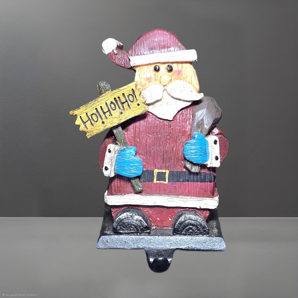 Vintage Hand-Carved Wood Santa Claus Stocking Holder with Cast Iron Base
